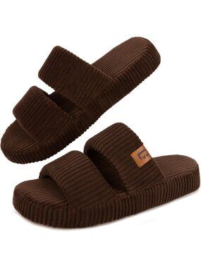 〽️Women's Brown Open Toe Flat Slippers Dual Strap Slide Comfortable House Shoes